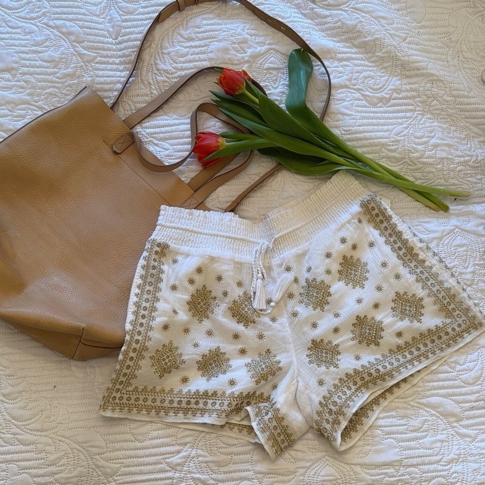 J.Crew Embroidered Gauze Shorts W XS White Gold Boho Beach Coastal Festival Chic